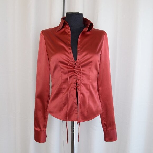Vintage Y2K Le Chateau Cherry Red Satin Corset Blouse Sz XS - Picture 1 of 7